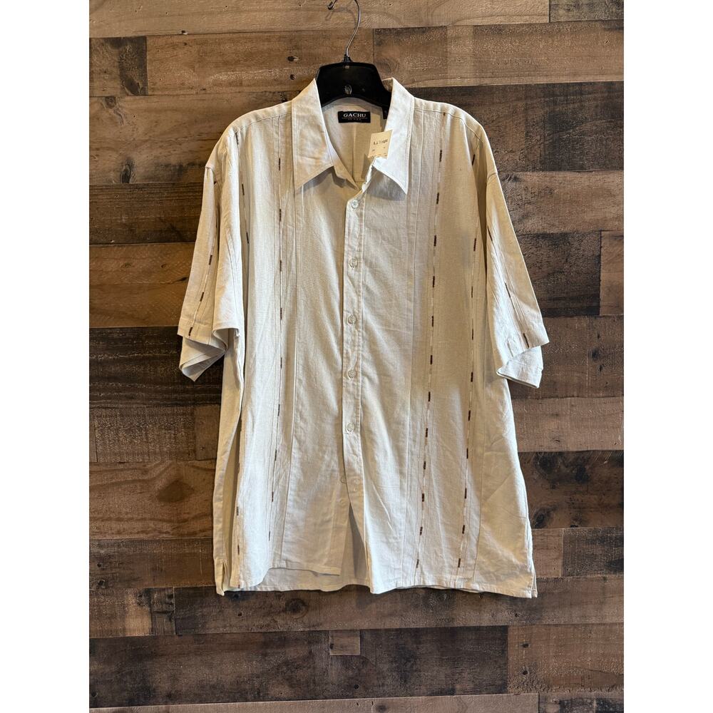 Gachu by KBB, Tan/ Natural Linen Button Up, Short Sleeve, Men Size XL